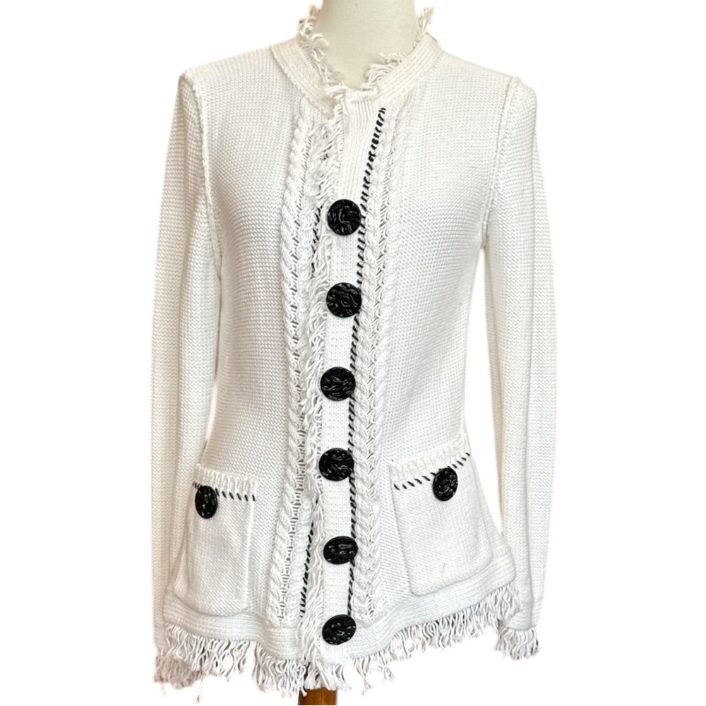 PURE handknit 100% cotton Elegant White and Black button Cardigan
